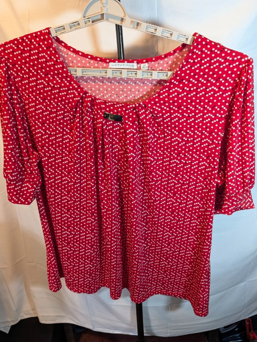 Notations Embellished Tunic Womens Size 2X  3/4 Sleeve Red with Black/White Dots